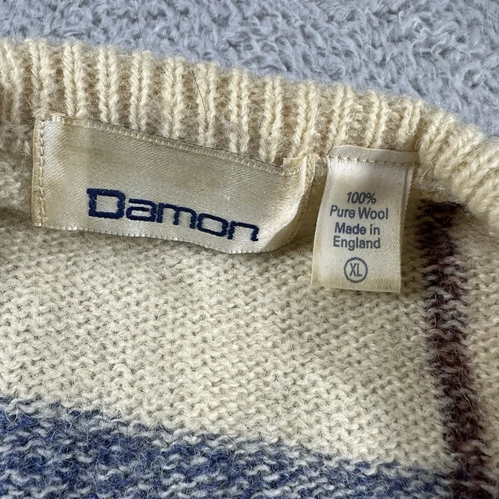 VINTAGE Damon Sweater Mens XL Stripe Pattern England Long‎ Sleeve V Neck Plaid